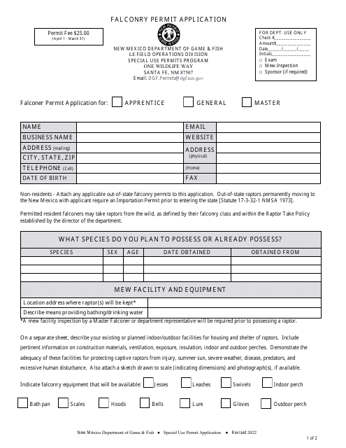 Falconry Permit Application - New Mexico