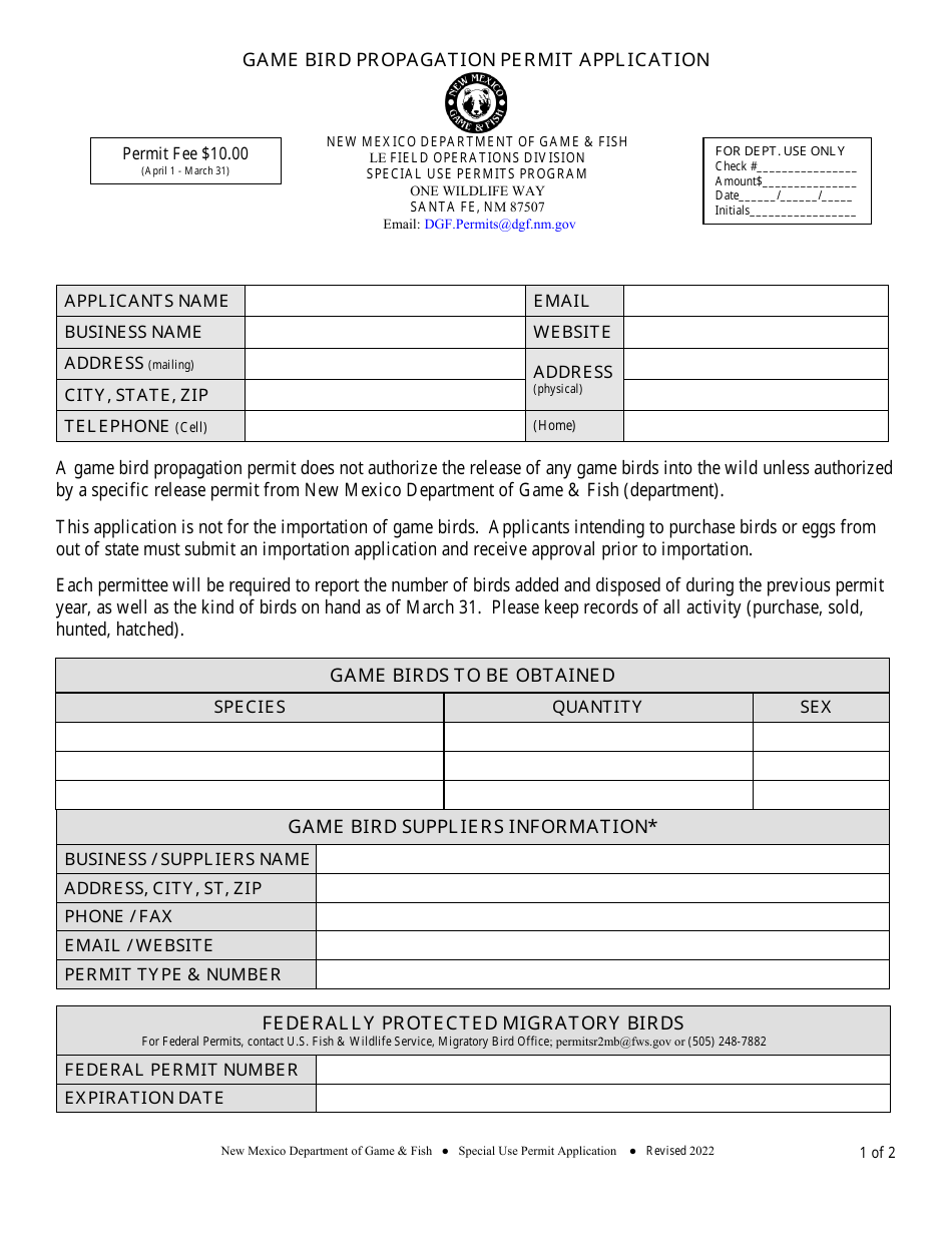 New Mexico Game Bird Propagation Permit Application Download Fillable