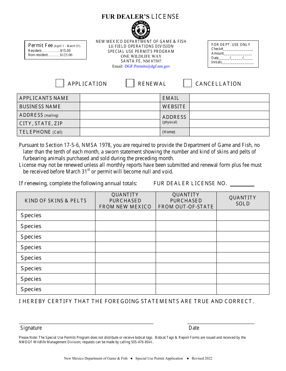 New Mexico Fur Dealer's License Download Fillable PDF Templateroller