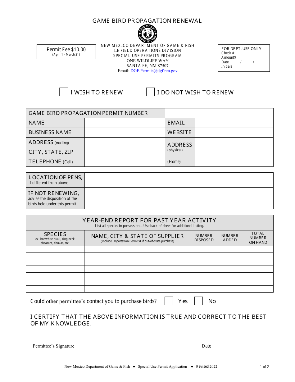 New Mexico Game Bird Propagation Renewal Download Fillable PDF ...