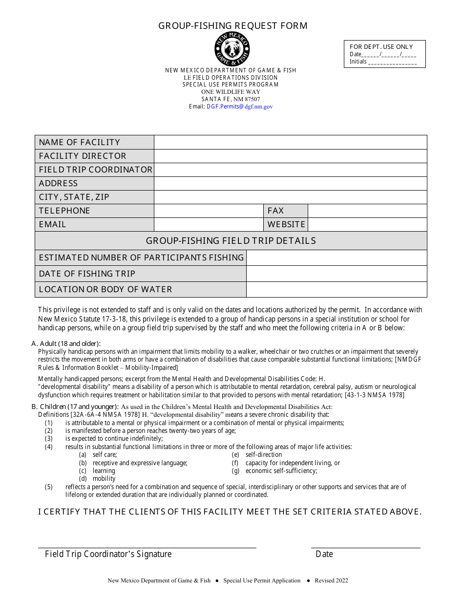 Group-Fishing Request Form - New Mexico, Page 1