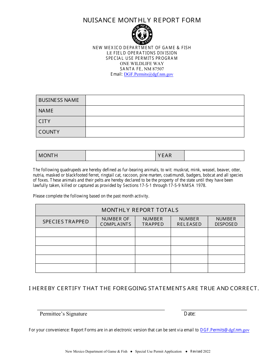 Nuisance Monthly Report Form - New Mexico, Page 1