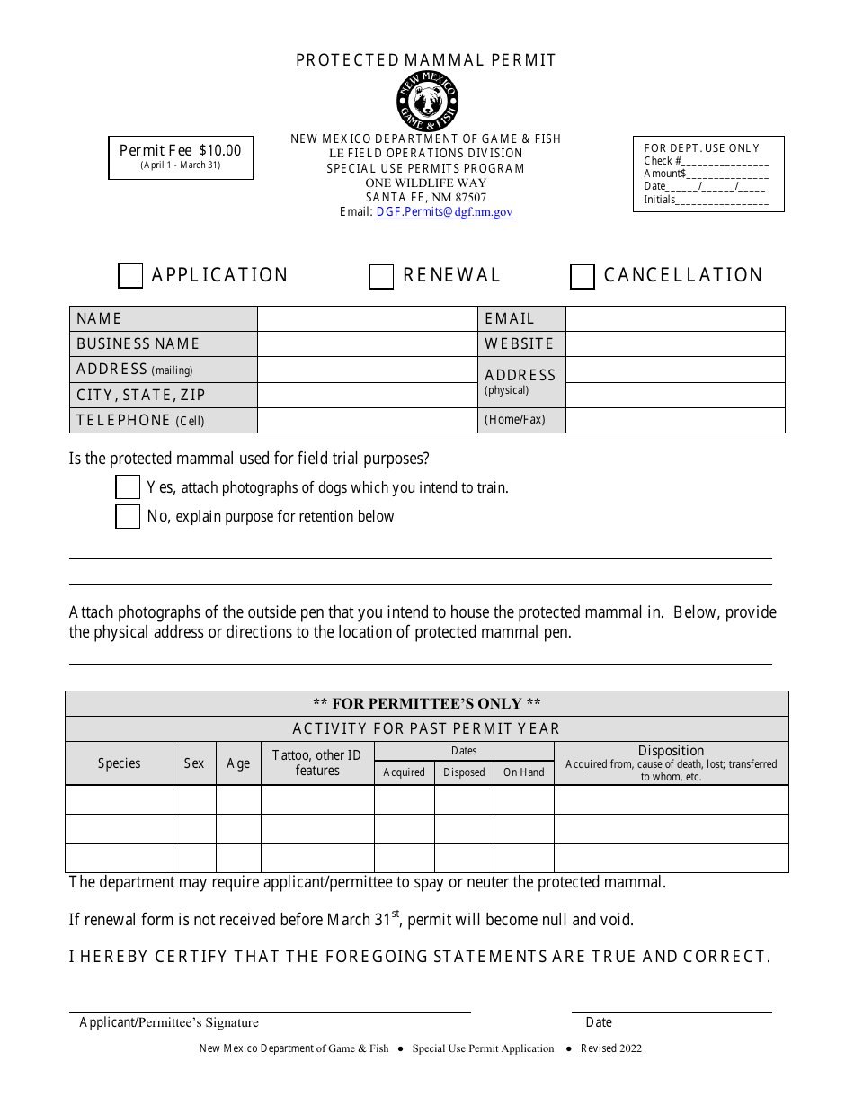 New Mexico Protected Mammal Permit Download Fillable PDF | Templateroller