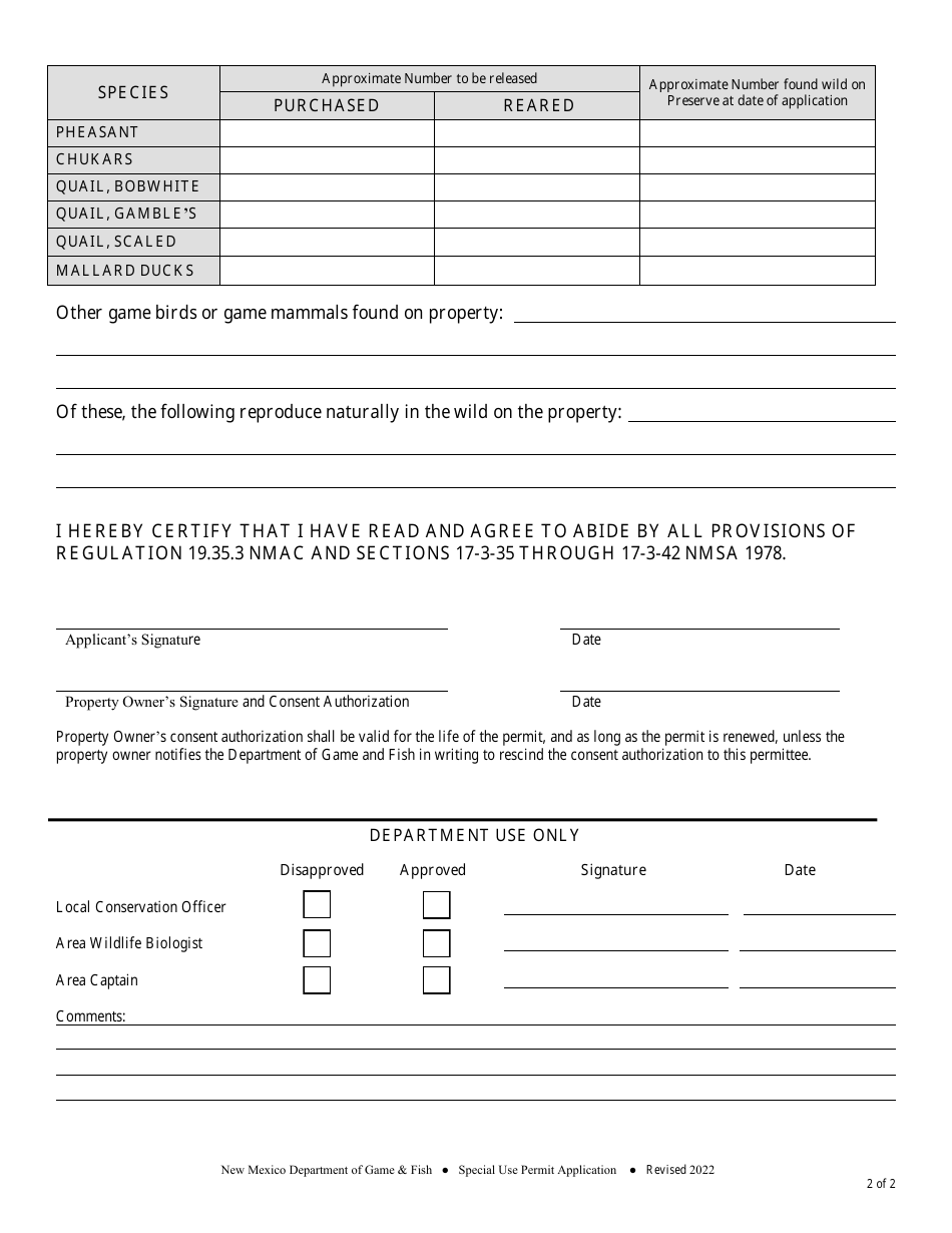 Shooting Preserve Permit Application - New Mexico, Page 2