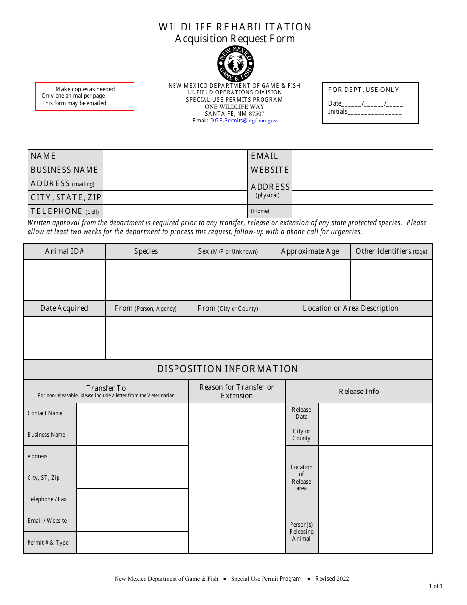 Wildlife Rehabilitation Acquisition Request Form - New Mexico, Page 1