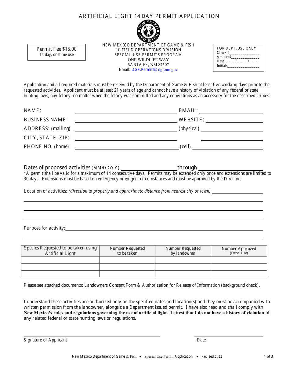 Artificial Light 14 Day Permit Application - New Mexico, Page 1