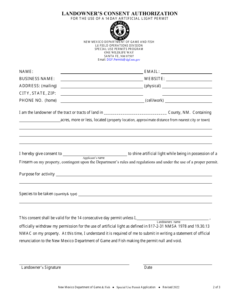 Artificial Light 14 Day Permit Application - New Mexico, Page 2