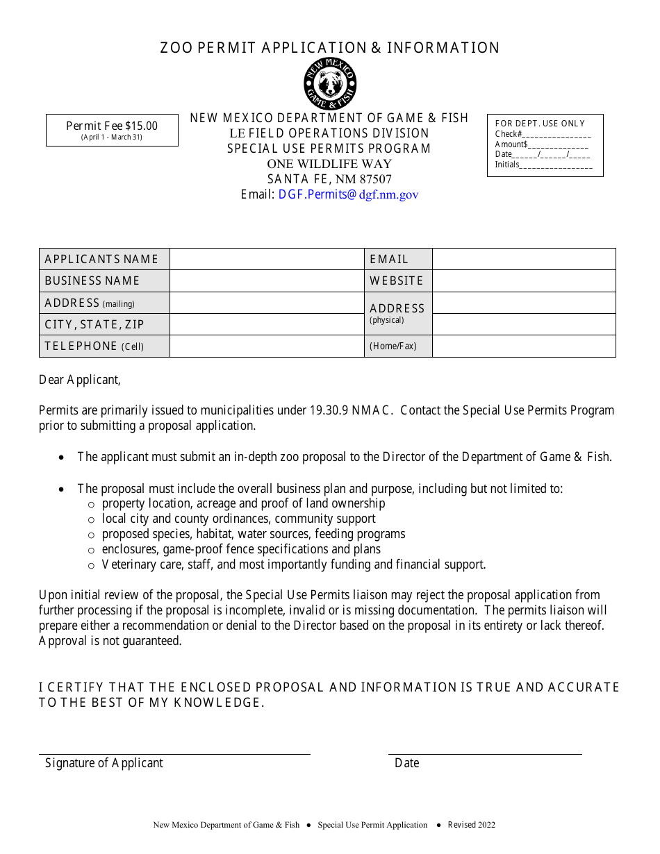 Zoo Permit Application  Information - New Mexico, Page 1
