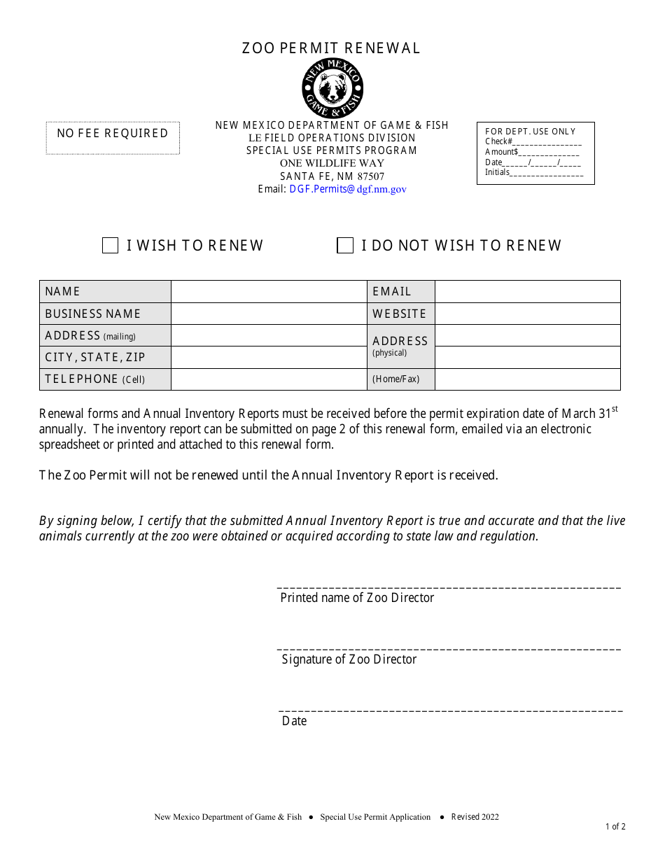 Zoo Permit Renewal - New Mexico, Page 1