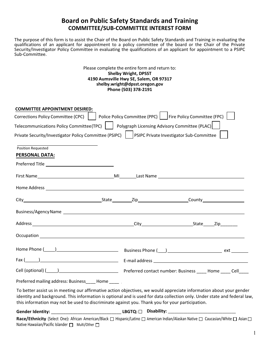 Committee / Sub-committee Interest Form - Oregon, Page 1
