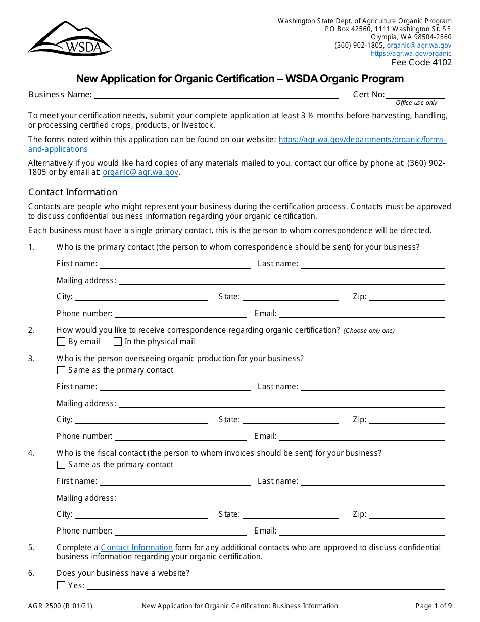 Form AGR2500 New Application for Organic Certification - Wsda Organic Program - Washington, Page 1