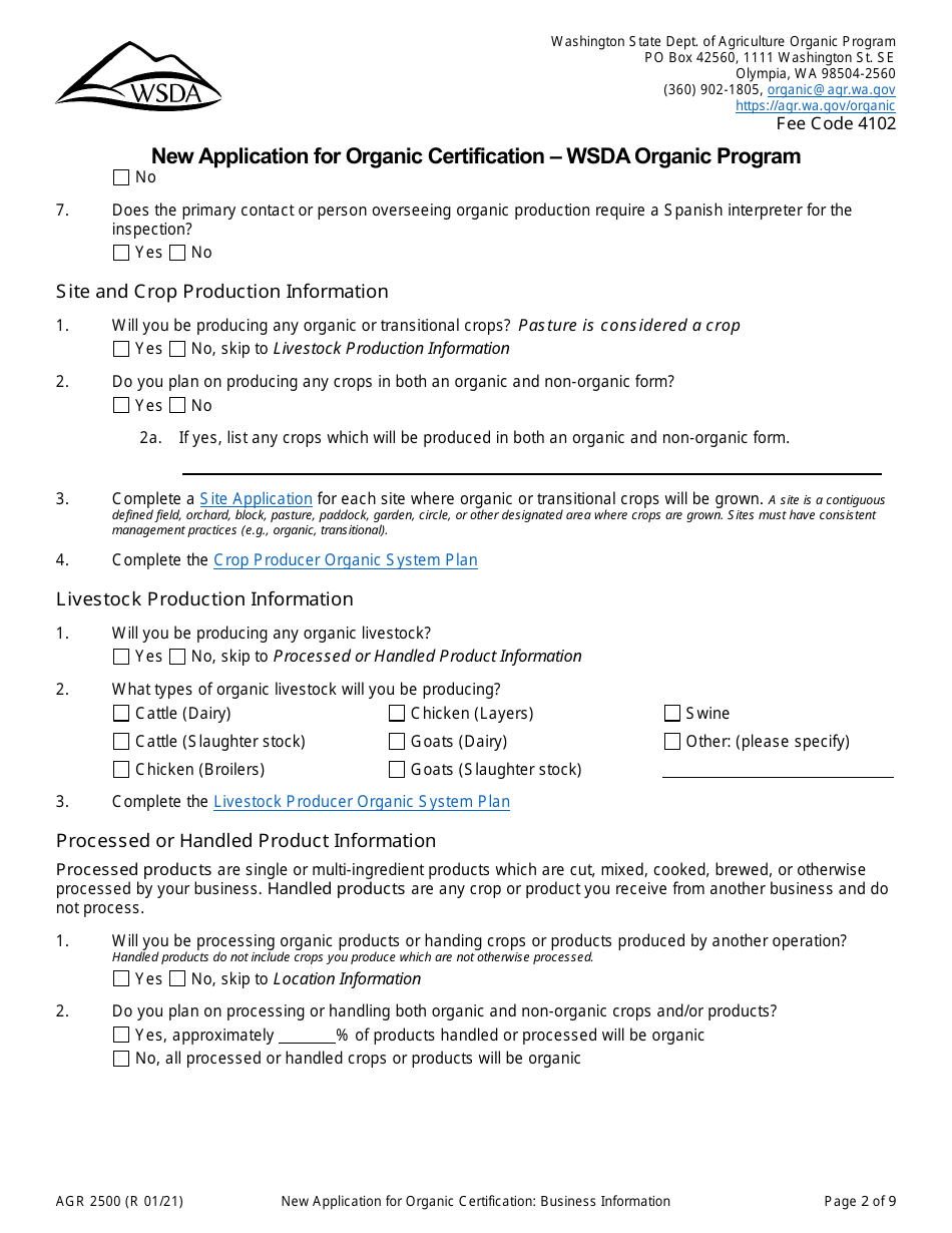 Form AGR2500 New Application for Organic Certification - Wsda Organic Program - Washington, Page 2