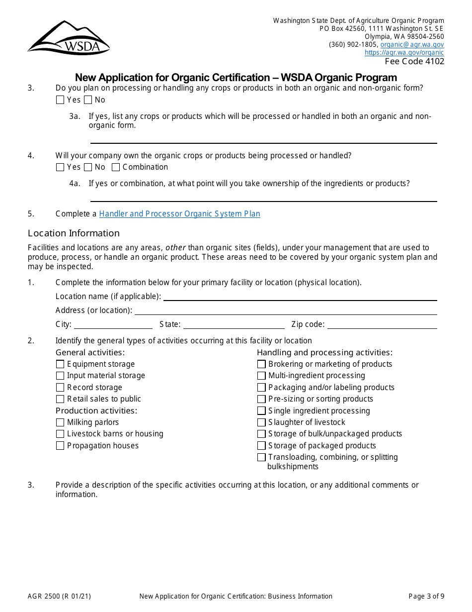 Form AGR2500 New Application for Organic Certification - Wsda Organic Program - Washington, Page 3