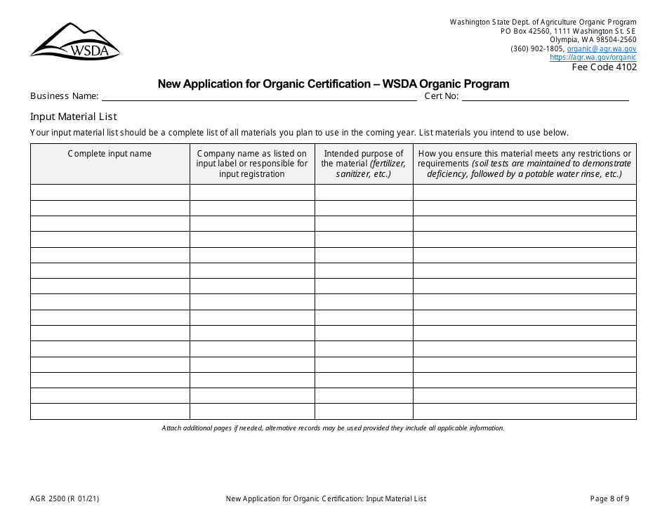 Form AGR2500 New Application for Organic Certification - Wsda Organic Program - Washington, Page 8