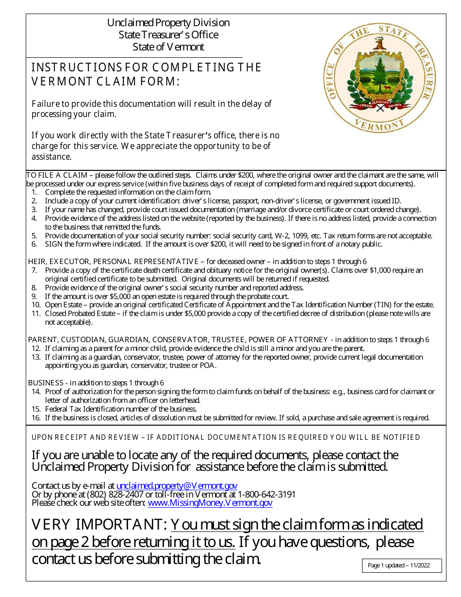 Claim to State of Vermont Property Presumed Unclaimed - Vermont, Page 1