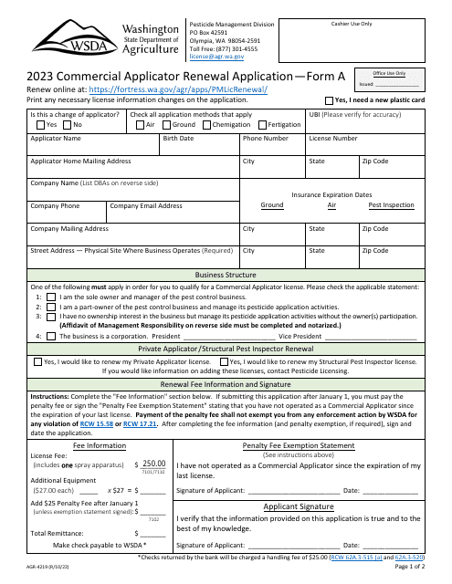 Form A (AGR-4219) Commercial Applicator Renewal Application - Washington, 2023