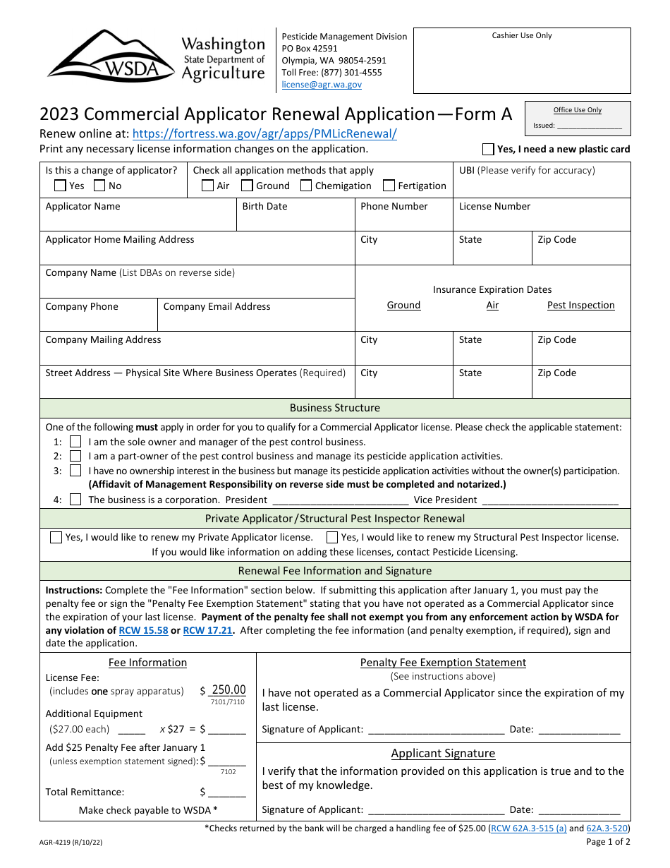 Form A (AGR-4219) Commercial Applicator Renewal Application - Washington, Page 1
