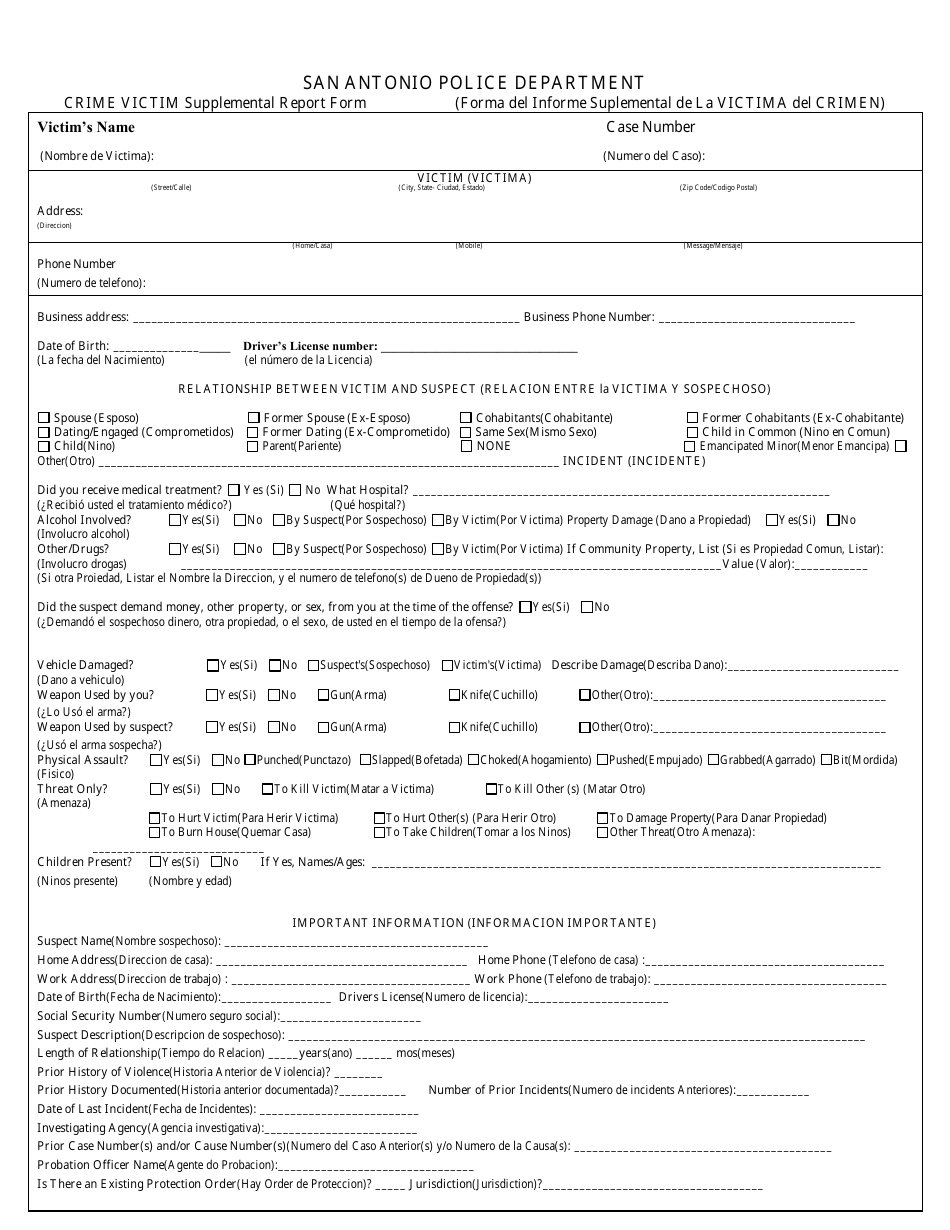 Crime Victim Supplemental Report Form - City of San Antonio, Texas, Page 3