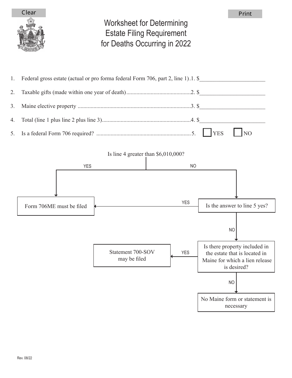 Worksheet for Determining Estate Tax Filing Requirement - Maine, Page 1