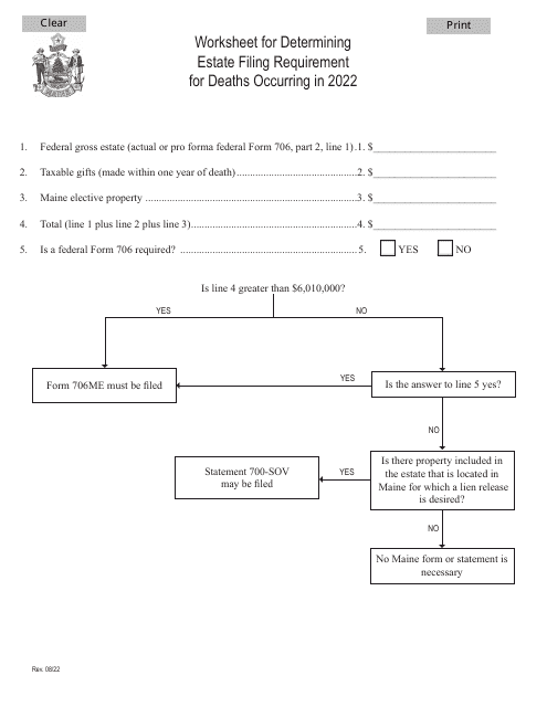 Worksheet for Determining Estate Tax Filing Requirement - Maine, 2022
