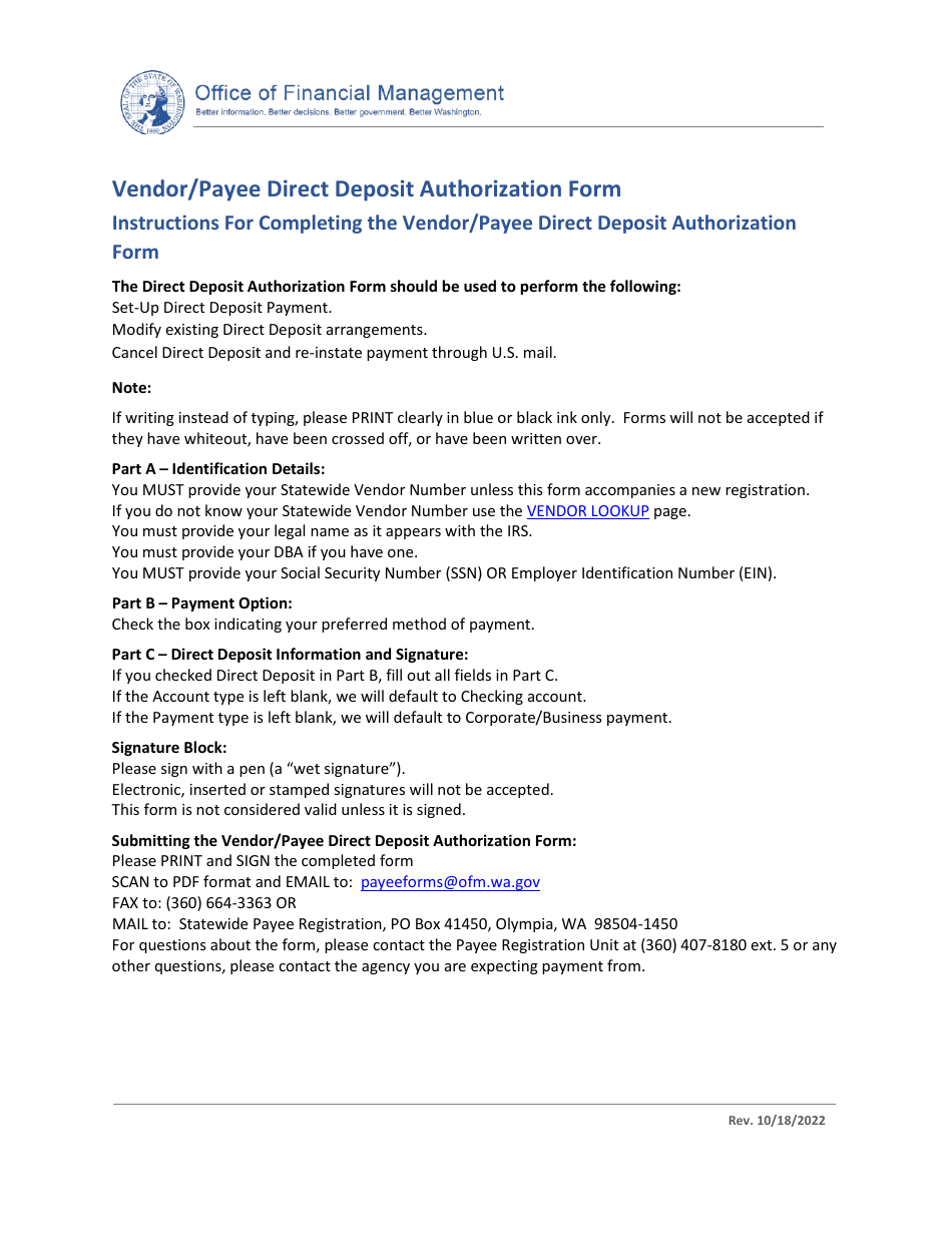 Vendor / Payee Direct Deposit Authorization Form - Washington, Page 1