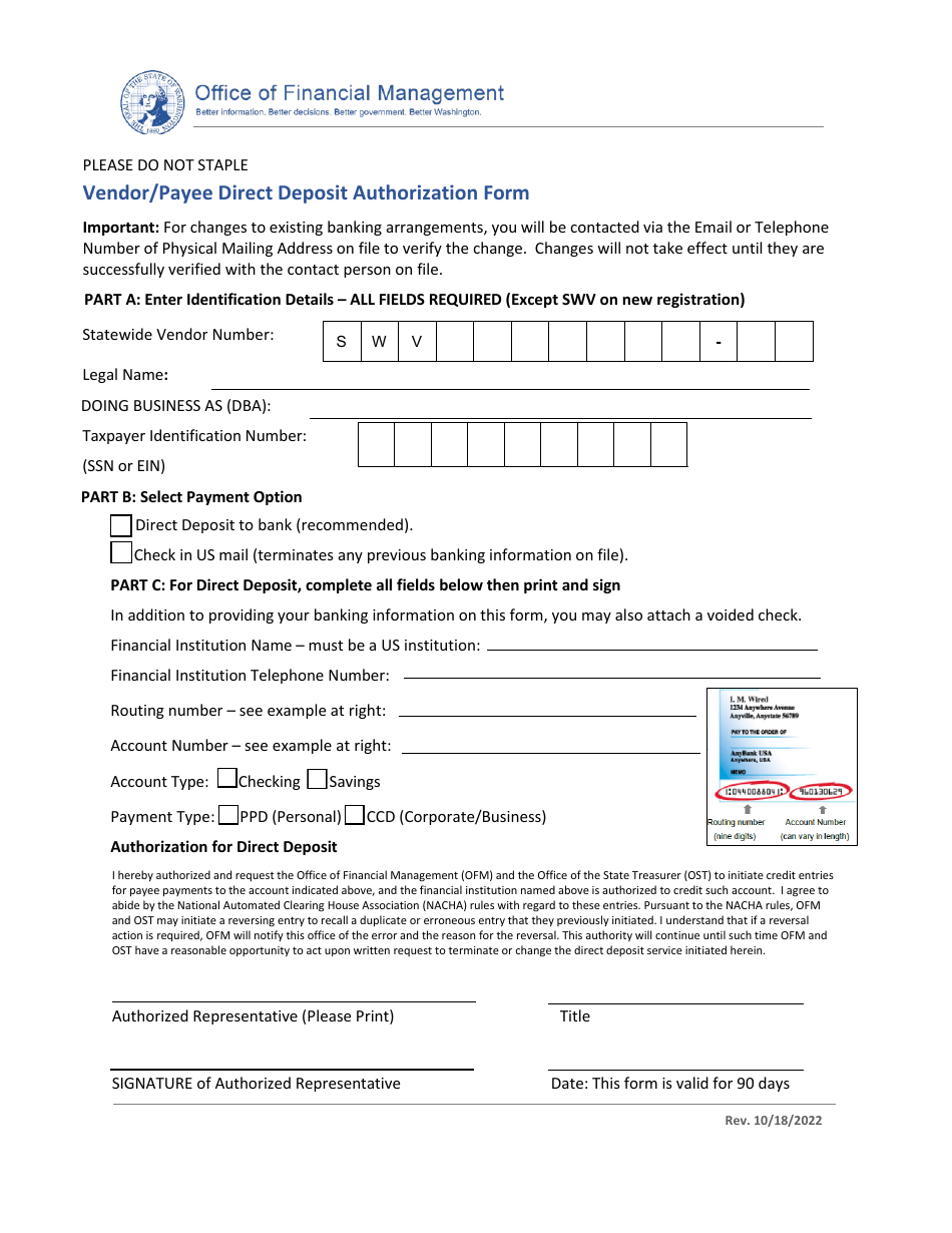 Vendor / Payee Direct Deposit Authorization Form - Washington, Page 2
