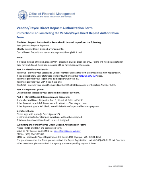 Vendor / Payee Direct Deposit Authorization Form - Washington Download Pdf