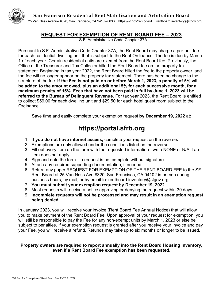 Form 599 Request for Exemption of Rent Board Fee - City and County of San Francisco, California, Page 1