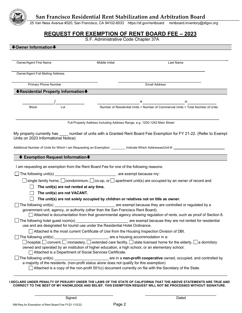 Form 599 Request for Exemption of Rent Board Fee - City and County of San Francisco, California, Page 2
