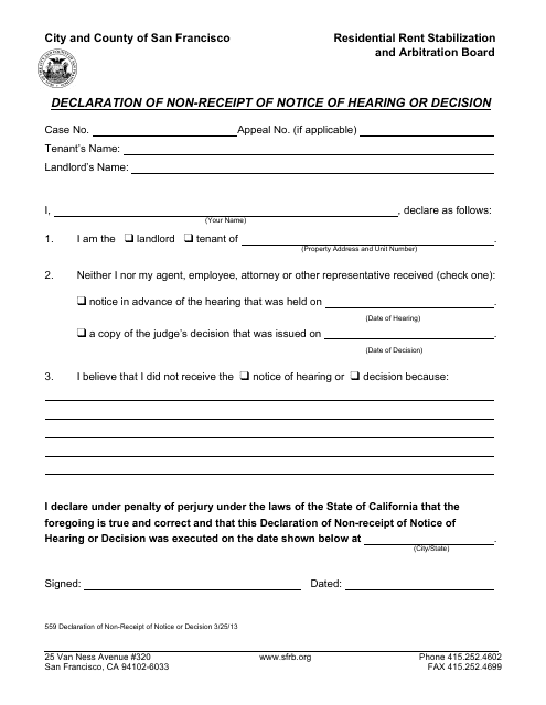Form 559 Declaration of Non-receipt of Notice of Hearing or Decision - City and County of San Francisco, California