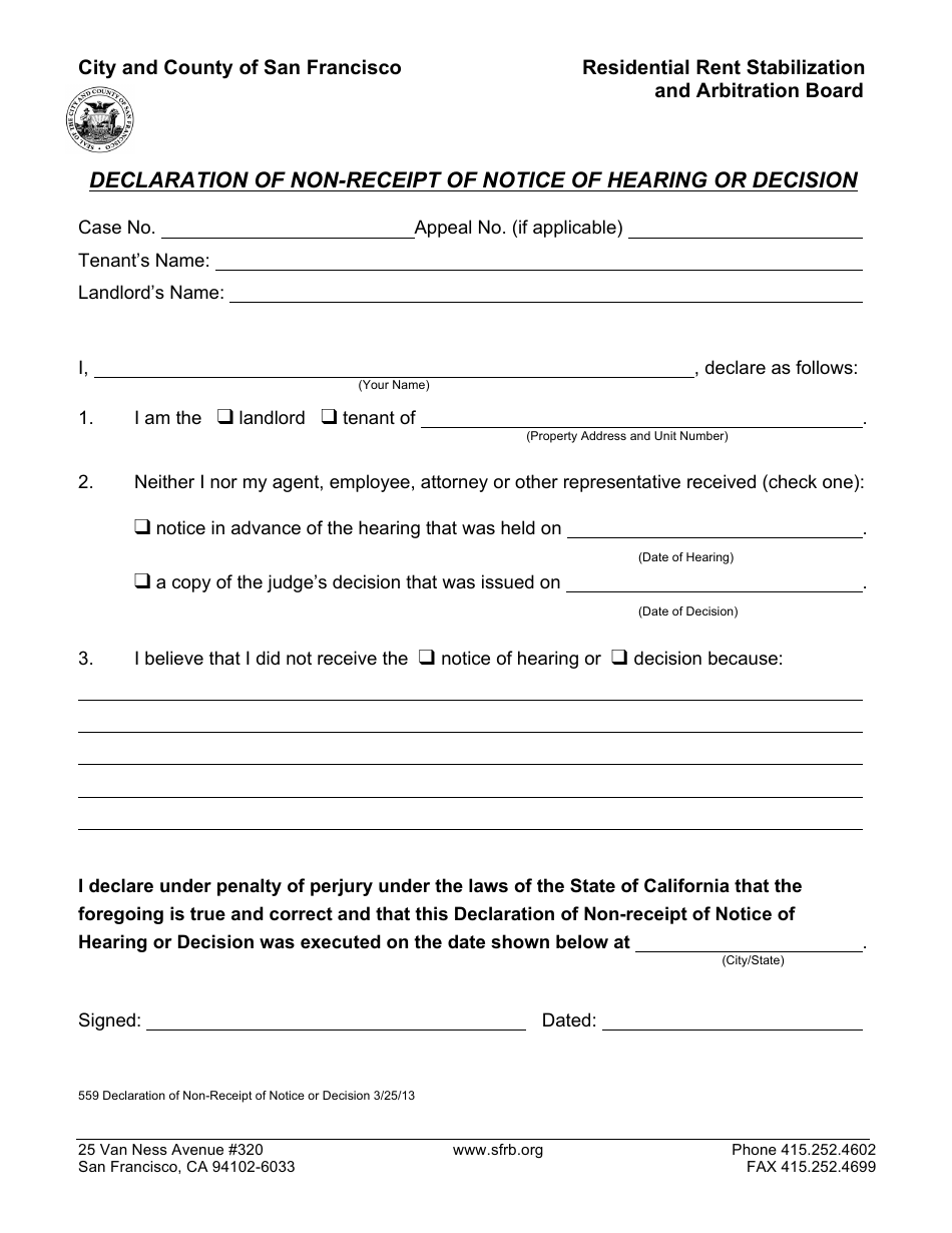 Form 559 Declaration of Non-receipt of Notice of Hearing or Decision - City and County of San Francisco, California, Page 1