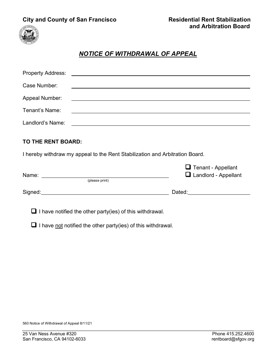 Form 560 Notice of Withdrawal of Appeal - City and County of San Francisco, California, Page 1