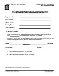 Document preview: Form 595 Notice of Withdrawal of Unit From Worksheet Due to Financial Hardship of Tenant - City and County of San Francisco, California