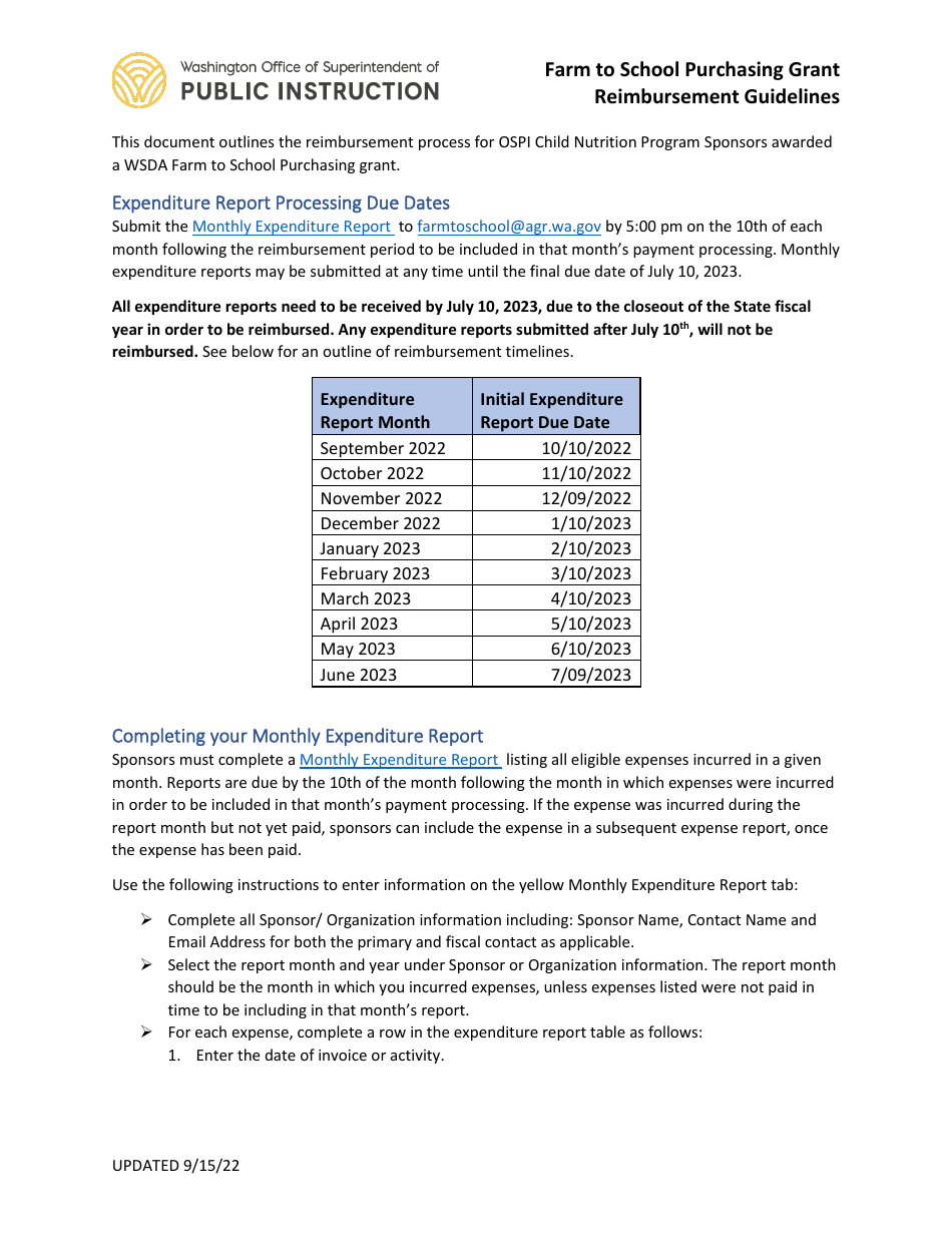 Farm to School Purchasing Grant Reimbursement Guidelines - Washington, Page 1