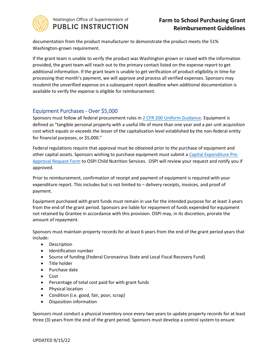 Farm to School Purchasing Grant Reimbursement Guidelines - Washington, Page 3