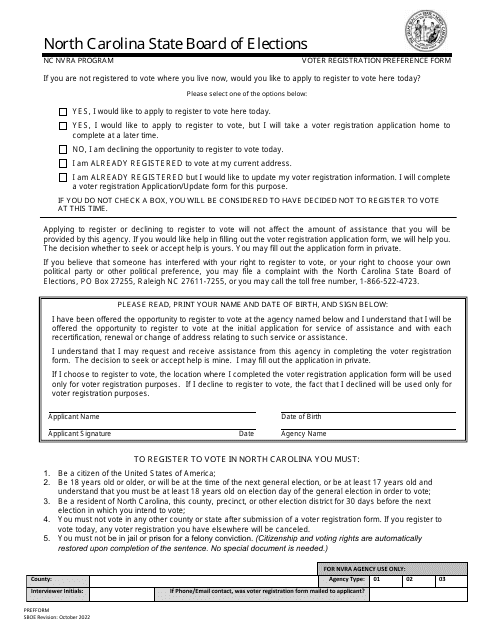 Voter Registration Preference Form - Nc Nvra Program - North Carolina Download Pdf