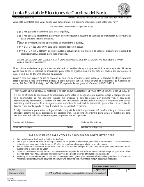 Formulario De Preferencia De Inscripcion Para Votar - Programa Nvra Nc - North Carolina (Spanish) Download Pdf