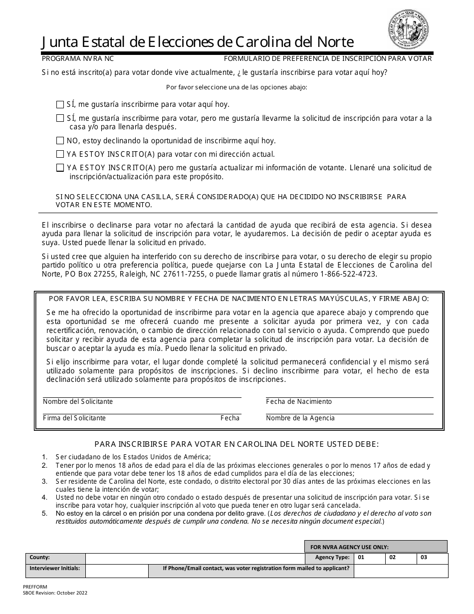 Formulario De Preferencia De Inscripcion Para Votar - Programa Nvra Nc - North Carolina (Spanish), Page 1