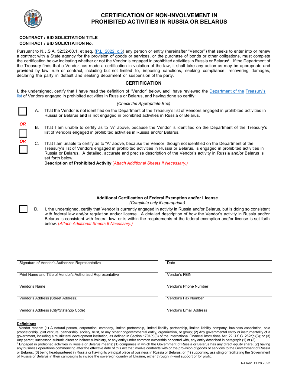 Certification of Non-involvement in Prohibited Activities in Russia or Belarus - New Jersey, Page 1