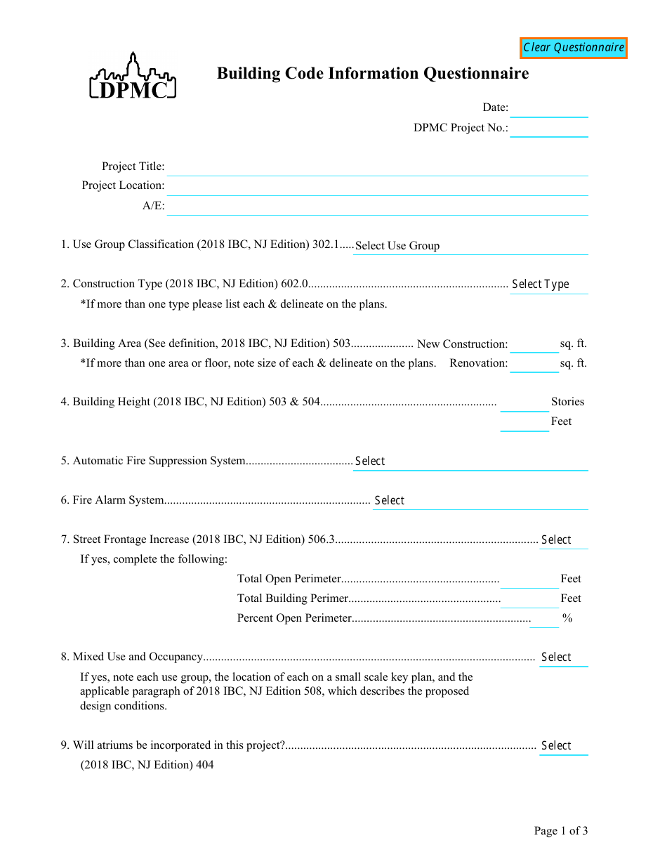 New Jersey Building Code Information Questionnaire Fill Out, Sign