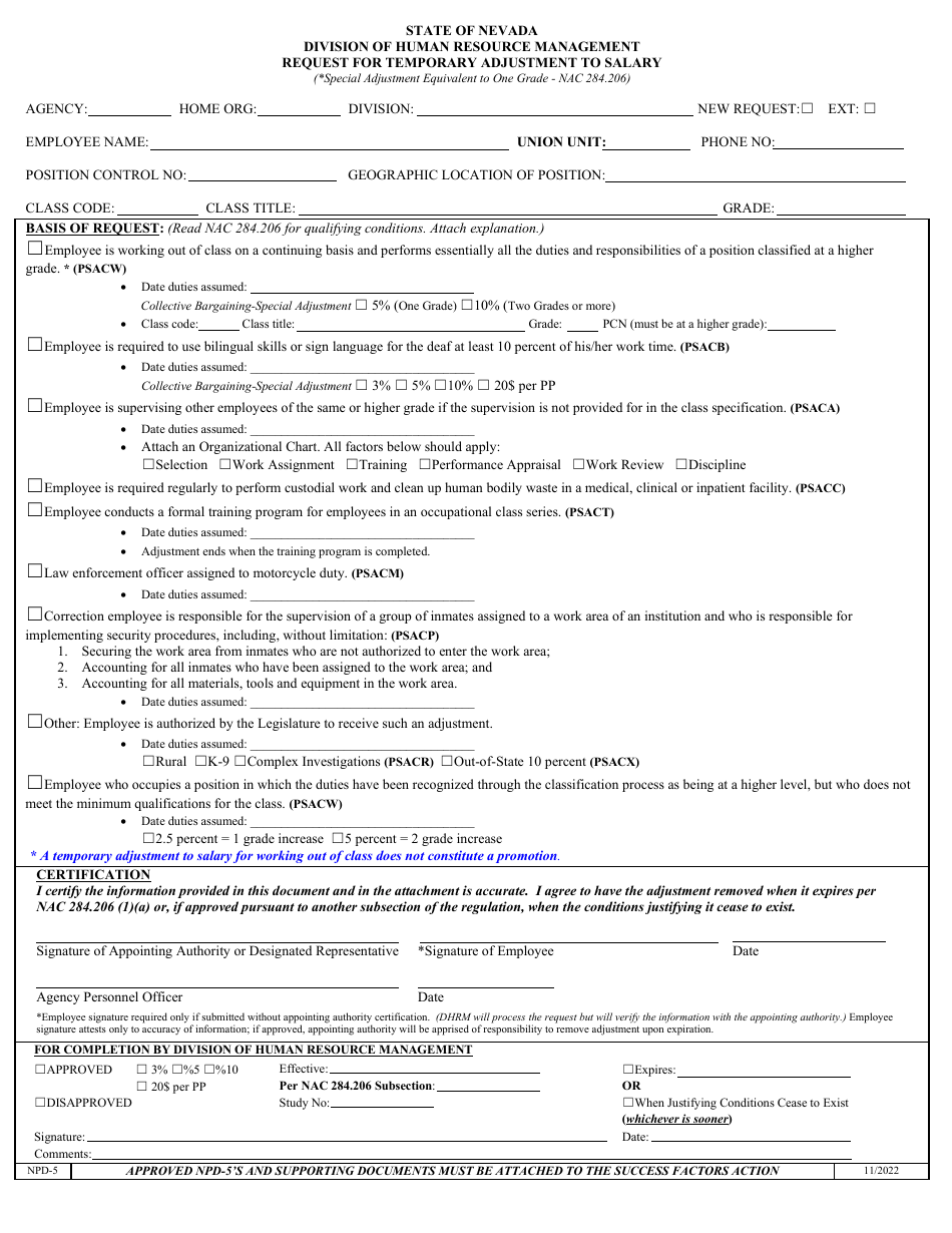 Form NPD-5 Request for Temporary Adjustment to Salary - Nevada, Page 1