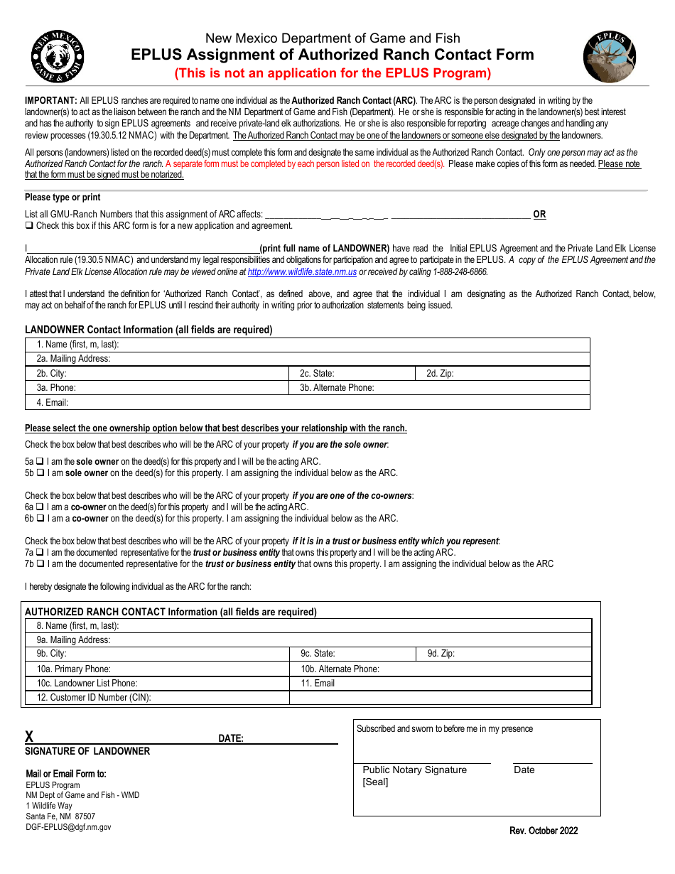 Eplus Assignment of Authorized Ranch Contact Form - New Mexico, Page 1