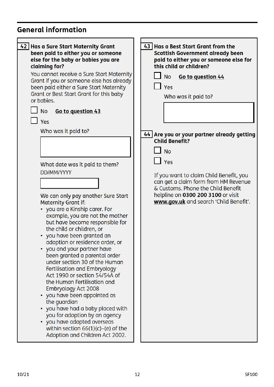 Form SF100 Sure Start Maternity Grant - United Kingdom, Page 12