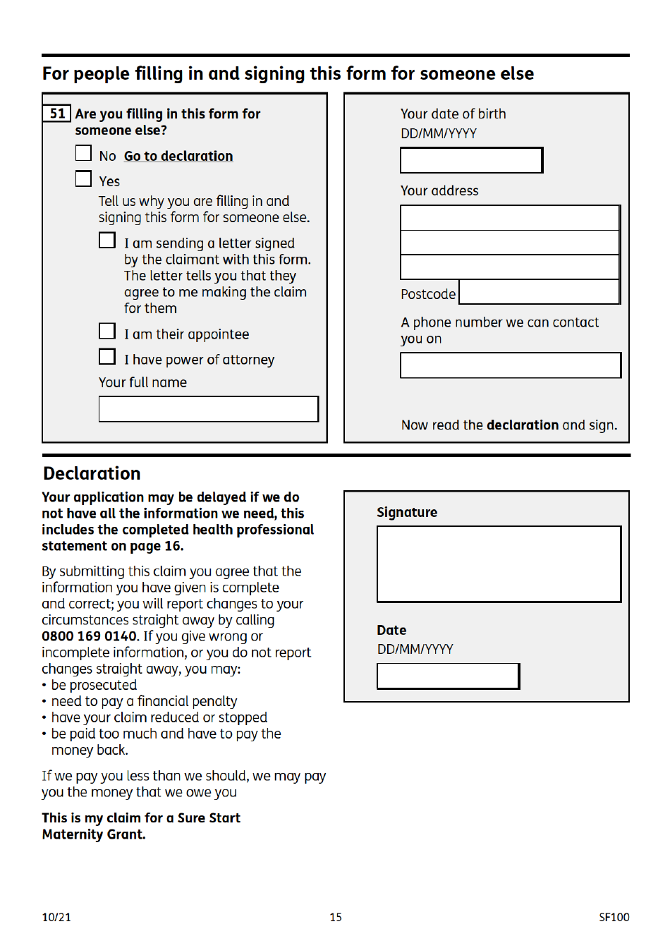 Form SF100 Sure Start Maternity Grant - United Kingdom, Page 15