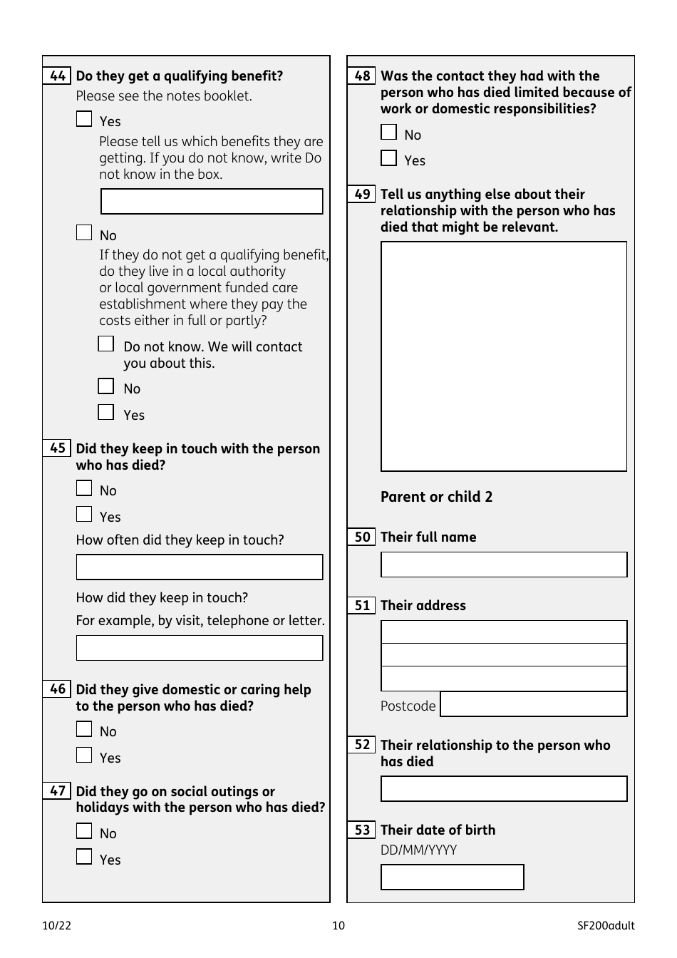 Form SF200ADULT Social Fund Funeral Expenses Payment for an Adult - United Kingdom, Page 10