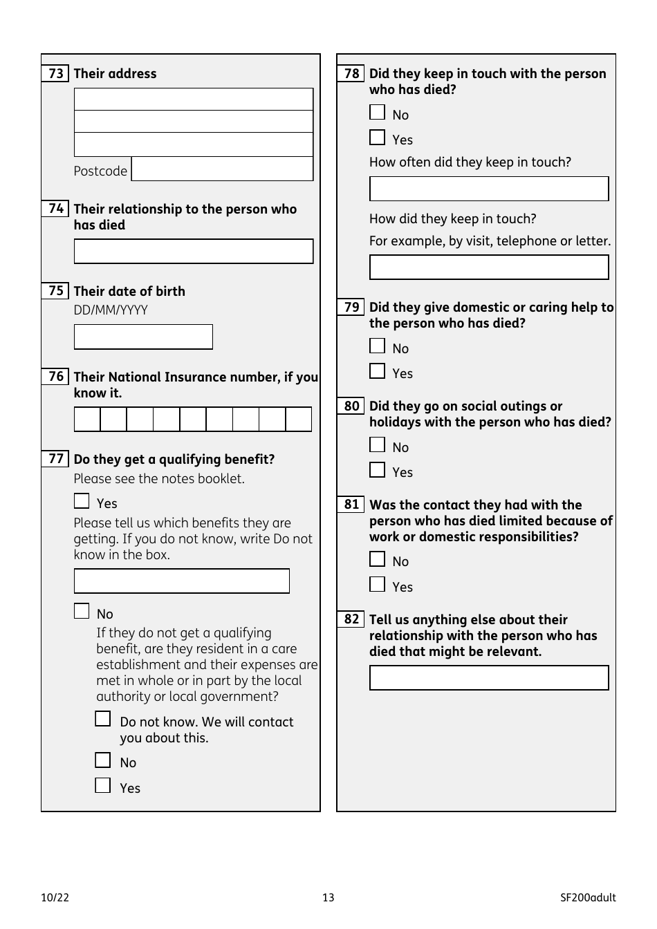 Form SF200ADULT Social Fund Funeral Expenses Payment for an Adult - United Kingdom, Page 13
