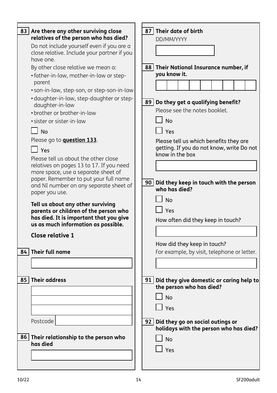 Form SF200ADULT Social Fund Funeral Expenses Payment for an Adult - United Kingdom, Page 14