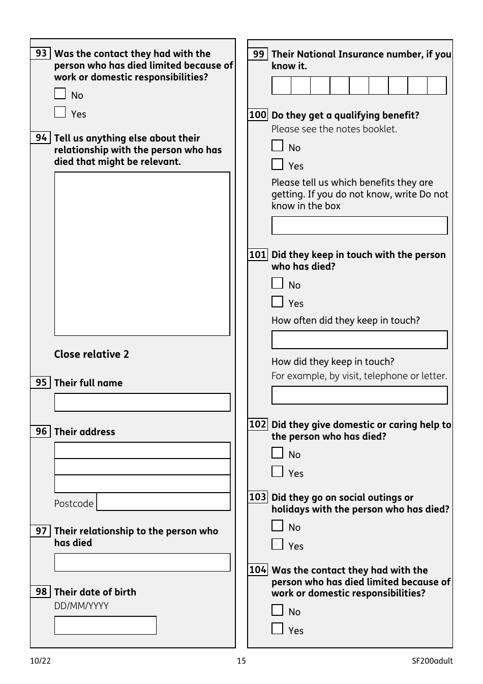 Form SF200ADULT Social Fund Funeral Expenses Payment for an Adult - United Kingdom, Page 15