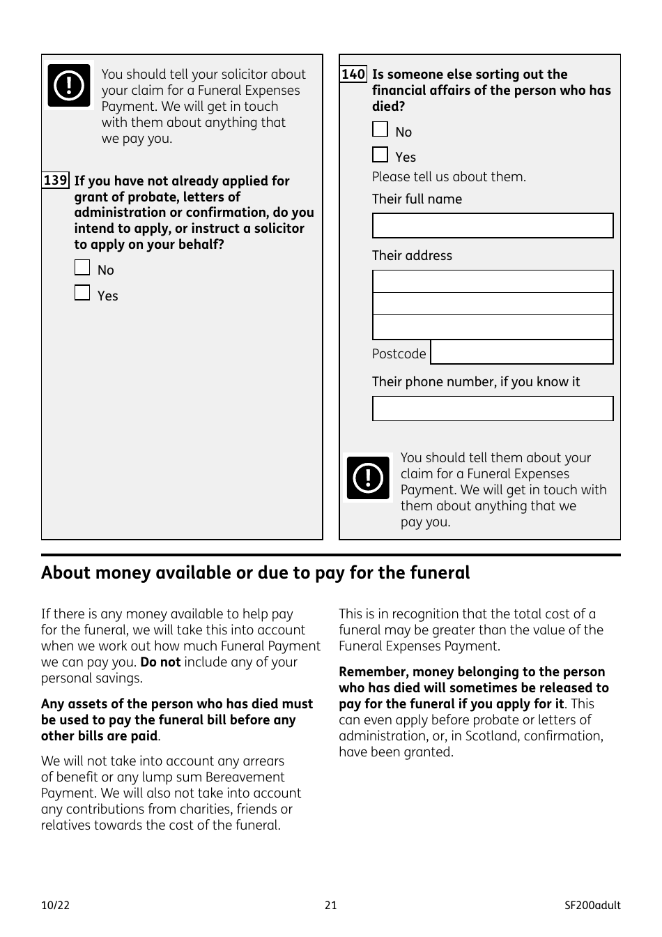 Form SF200ADULT Social Fund Funeral Expenses Payment for an Adult - United Kingdom, Page 21