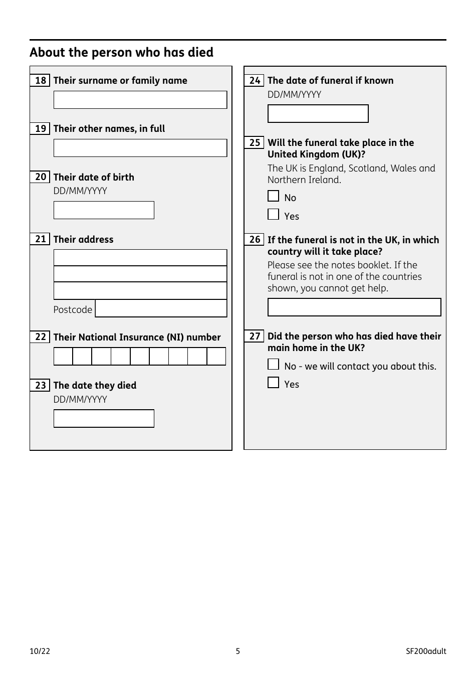 Form SF200ADULT Social Fund Funeral Expenses Payment for an Adult - United Kingdom, Page 5